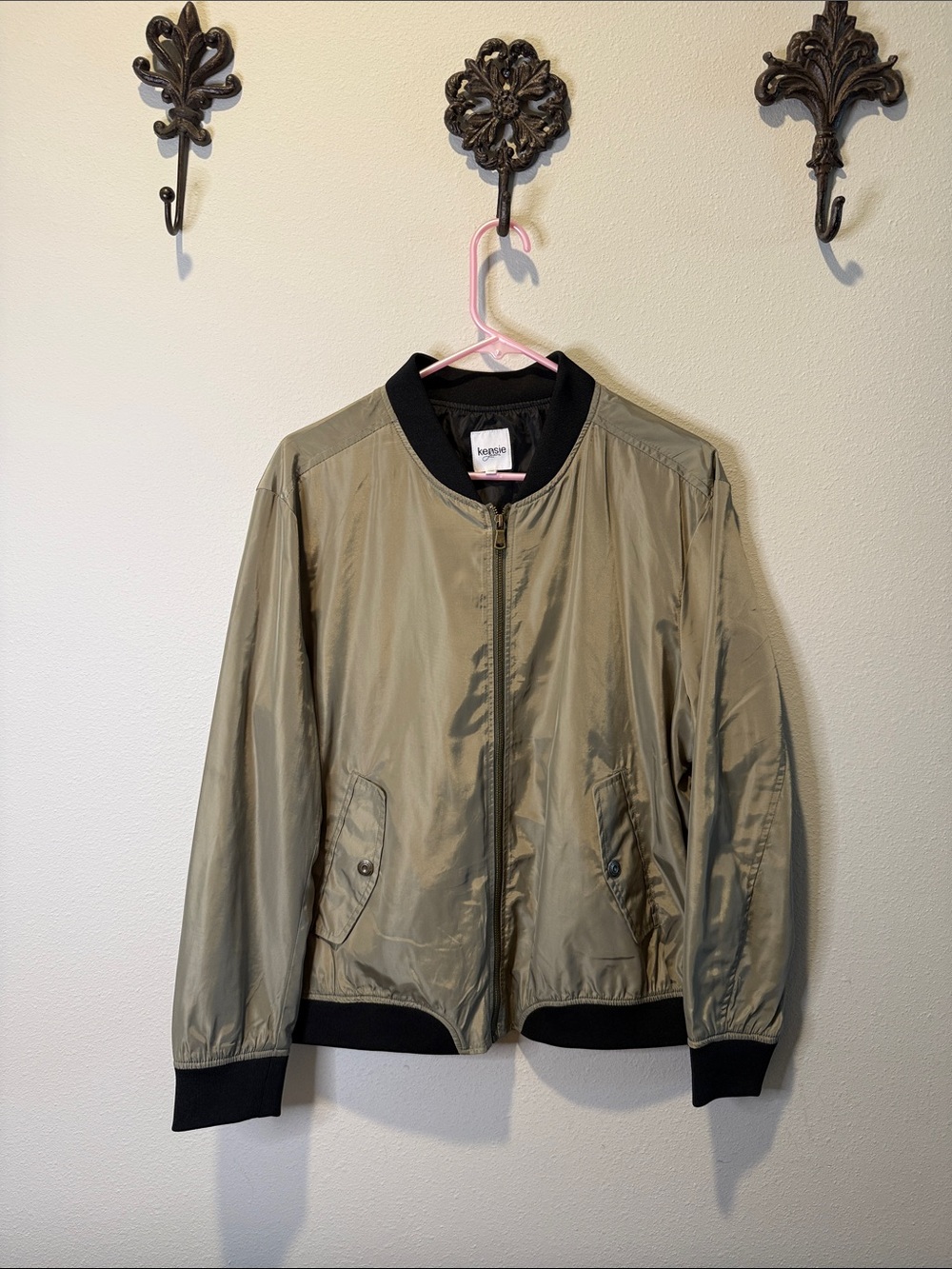 Kensie Olive Green Bomber Jacket with Black Rib Trim
